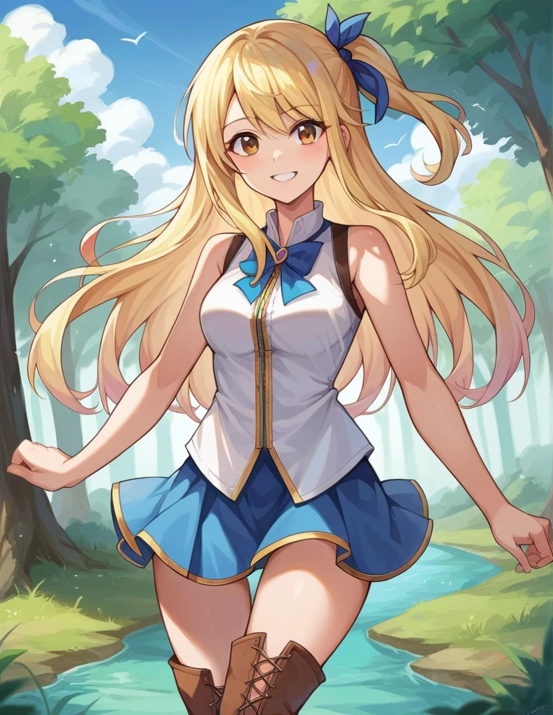 score_9, score_8_up, score_7_up, source_anime,
lucyheartfilia, lucy heartfilia, blonde hair, brown eyes, one side up, ribbon, hair ribbon, blue ribbon, long hair, smile,
skirt, shirt, bare shoulders,thigh boots, sleeveless, blue skirt, sleeveless shirt, white shirt, zipper,
outdoors, forest, nature,
looking at viewer, cowboy shot, dutch angle, dynamic pose,