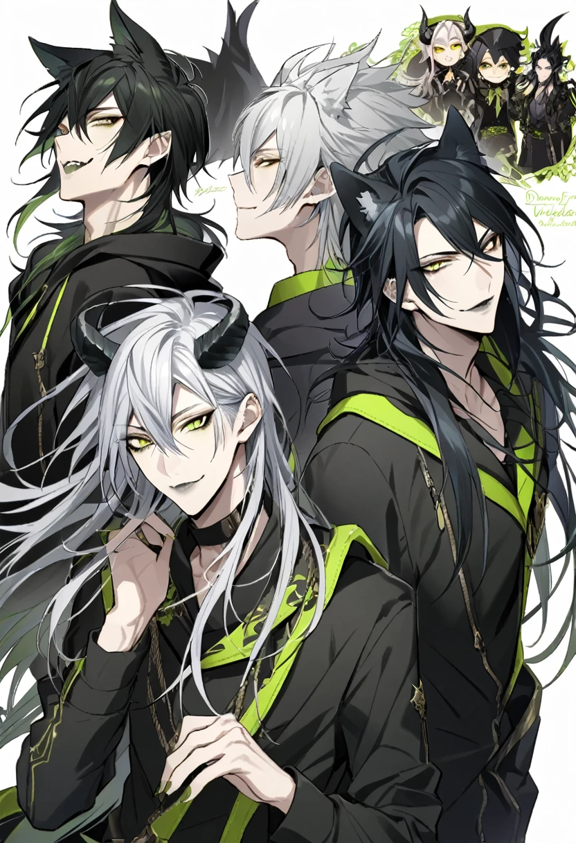 malleus draconia (twisted wonderland) horns, bishounen, boy, male, yana Toboso style, long hair, black hair, yellow green eyes, smile, gray lips, handsome, skinny, tall, yellow green, Beautiful youth, Silver Hair, Yellow Eyes, Long Hair, Long, narrow eyes, Black hoodie with wolf ears, White Background, Dog Pose, Raise your shoulders, Flying black heart,high quality, Draw Amount, Pixiv illustration