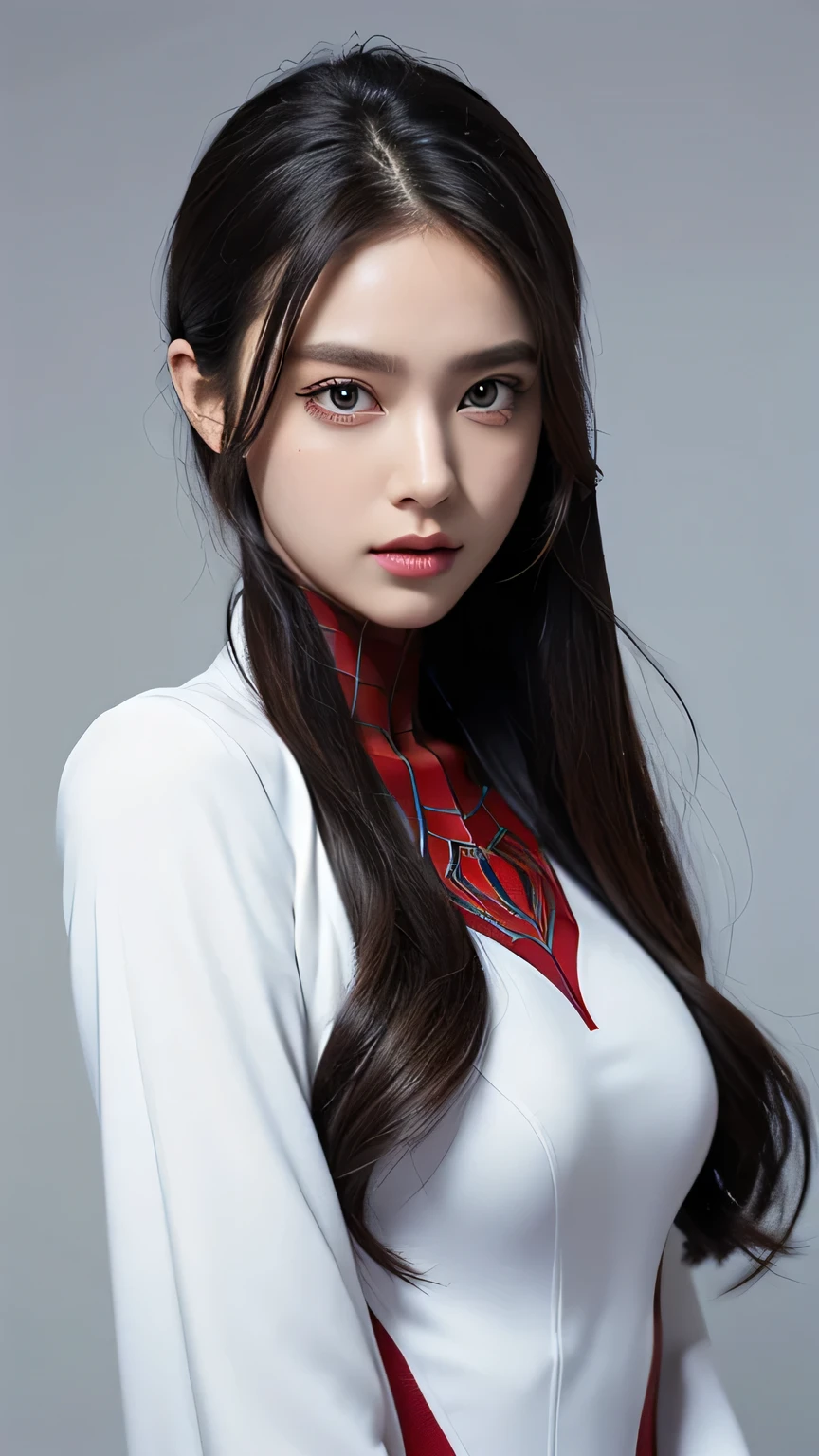 spider-woman, white suit, beautiful eyes, half body, masterpiece, ultra high details