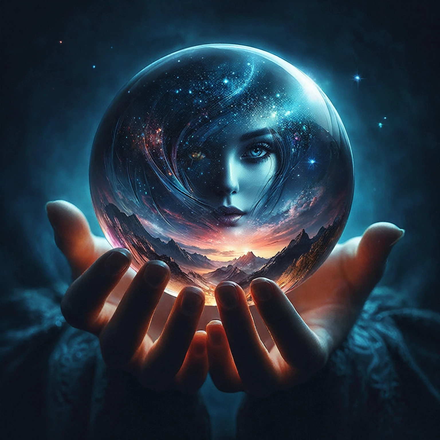 someone holding a crystal ball with a picture of a face in it, beautiful digital art, beautiful image ever created, very beautiful digital art, digital art picture, artistic digital art, beautiful gorgeous digital art, surrealism!!!!, surreal dream, surreal realistic, beautiful!!! digital art, crystal ball, gorgeous digital art, amazing photography, surrealistic digital artwork, stunning digital art
