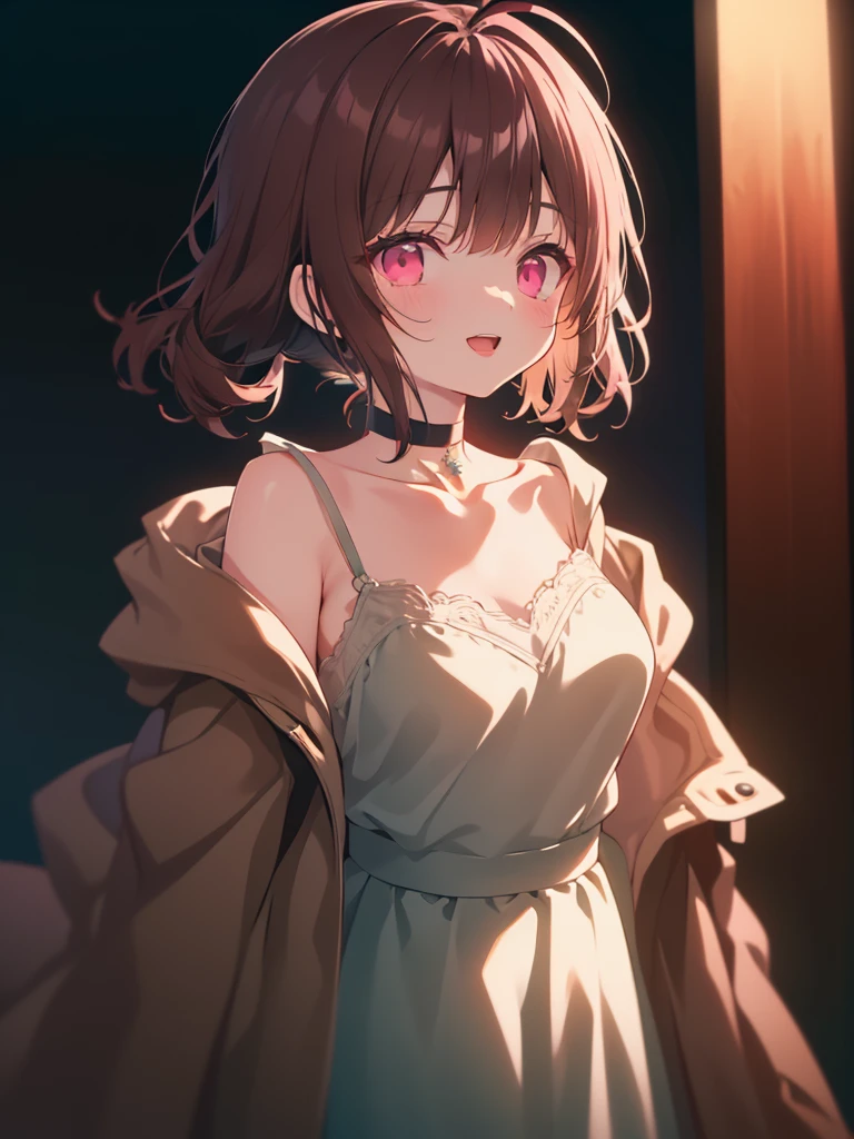 {{{{masterpiece}}}}, {{{Super detailed}}}, {{{high resolution}}},{{high resolution:1.3}}, {{good anatomy}}, (((best quality))), ((anime style,anime girl)),(((pink eyes,brown hair))),(big perfect eyes),((yandere,dark eyelash)),(((coat skirt,collarbone,gray dress, jewelry, choker,necklace,dark atmosphere,night time))), hairclip, {8k cg wallpaper}, {{illustration,zoom in,focus on face,close-up shot, looking out a window}},((twintails|ahoge|floating hair|blunt bangs|short hair|curly))smile,(1girl:1), bride,solo,alone,(Color difference:1.2),(yandere smile,open mouth with Tongue,evil smile,Dark space),blushing,neat face,(medium breasts),((The details are complex、Shallow depth of field、weak lighting、a Canon EOS R5、50mm lens、f / 2.8、shot at 8k resolution))