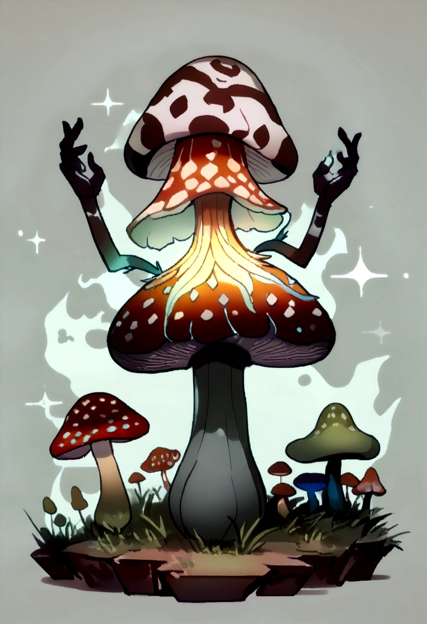 ((top quality))、((chedevr))、((Anthropomorphic male mushroom, Full length photo))、((very simple background))、(Game Character Design)、Mushroom anthropomorphic monster and mushrooms merge with the body,)、luminous body、beastman、Ornaments with mushroom motifs、solo、fighting pose