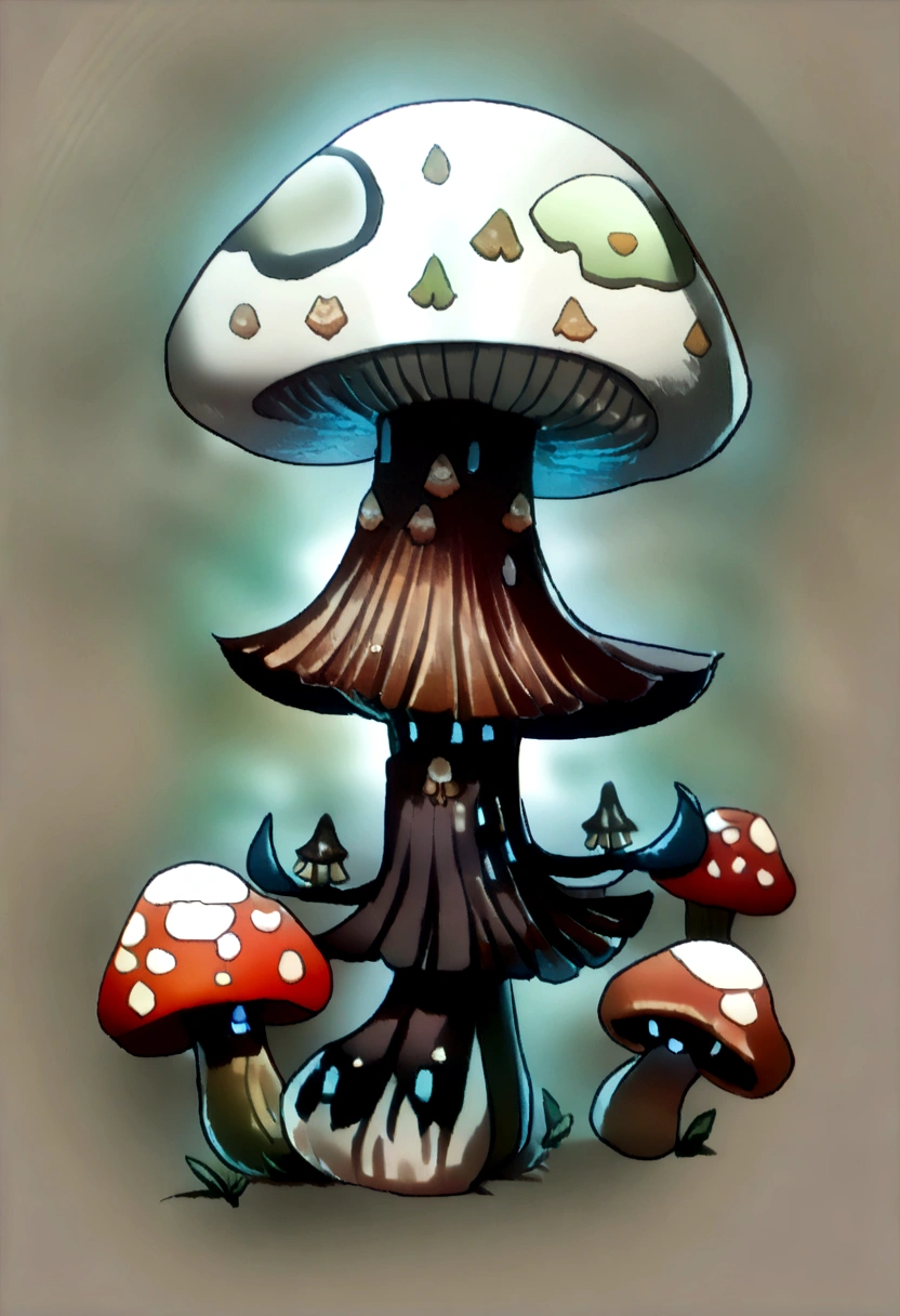 ((top quality))、((chedevr))、((Anthropomorphic male mushroom, Full length photo))、((very simple background))、(Game Character Design)、Mushroom anthropomorphic monster and mushrooms merge with the body,)、luminous body、beastman、Ornaments with mushroom motifs、solo、fighting pose