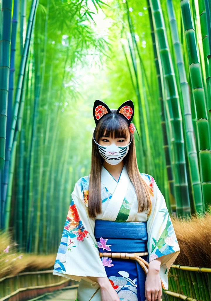 Girl wearing a Japanese-style cat mask、Japanese girl、Wearing a yukata、Long straight hair with bangs、Inside the bamboo forest、Complex colors, Artwork、Real photo、high definition、detailed、whole body
