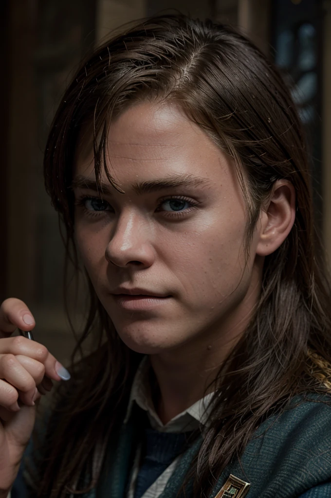 a handsome 16 year old boy with Hogwarts , Chris Hemsworth as a Hogwarts student, beautiful detailed eyes, beautiful detailed lips, extremely detailed face, long eyelashes, photo-realistic, 8k, high quality, masterpiece, dramatic lighting, cinematic, fantasy, magic, Wizarding World