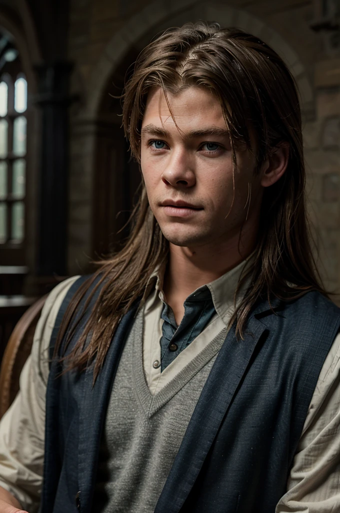 a handsome 16 year old boy with Hogwarts , Chris Hemsworth as a Hogwarts student, beautiful detailed eyes, beautiful detailed lips, extremely detailed face, long eyelashes, photo-realistic, 8k, high quality, masterpiece, dramatic lighting, cinematic, fantasy, magic, Wizarding World