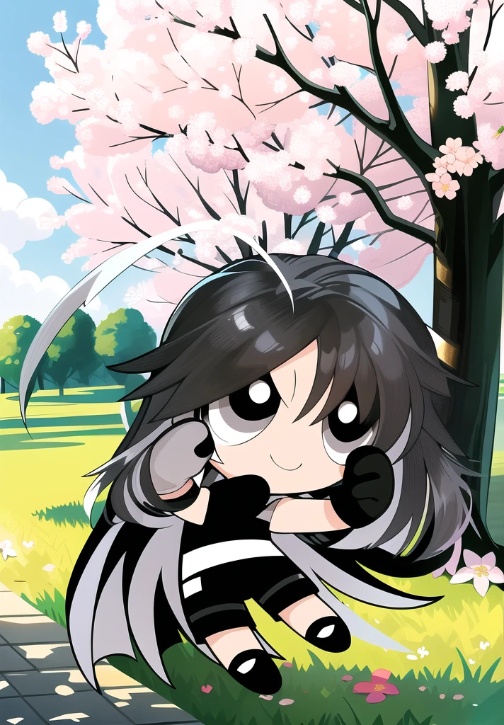 (long hair, gradient hair, black white hair), smile, chibi, 1girl, black eyes, gloves, jewelry, shorts, black shorts, asymmetrical gloves, big blossom tree background,