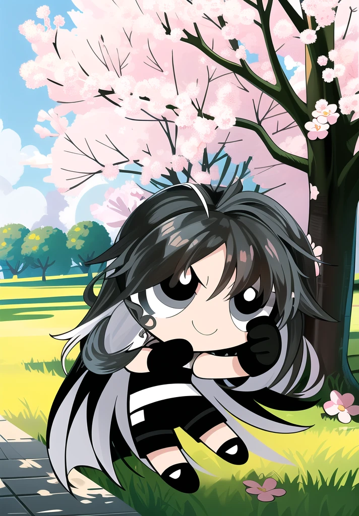 (long hair, gradient hair, black white hair), smile, chibi, 1girl, black eyes, gloves, jewelry, shorts, black shorts, asymmetrical gloves, big blossom tree background,