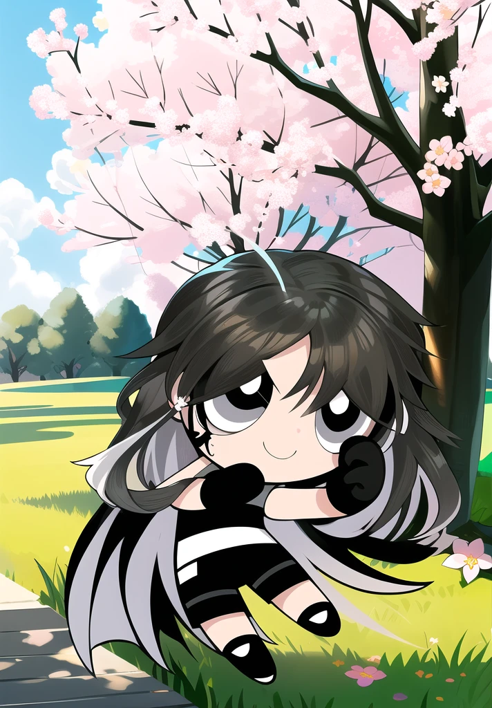 (long hair, gradient hair, black white hair), smile, chibi, 1girl,  black eyes, gloves, jewelry, shorts, black shorts, asymmetrical gloves, big blossom tree background,