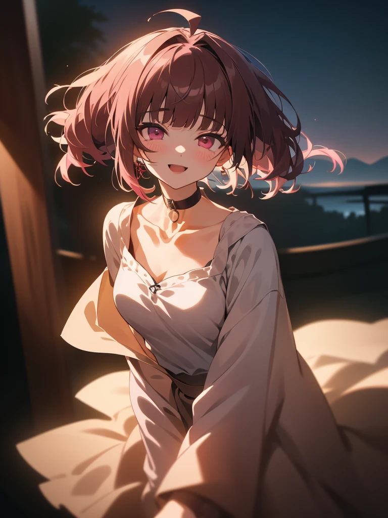 {{{{masterpiece}}}}, {{{Super detailed}}}, {{{high resolution}}},{{high resolution:1.3}}, {{good anatomy}}, (((best quality))), ((anime style,anime girl)),(((pink eyes,brown hair))),(big perfect eyes),((yandere,dark eyelash)),(((coat skirt,collarbone,gray dress, jewelry, choker,necklace,dark atmosphere,night time))), hairclip, {8k cg wallpaper}, {{illustration,zoom in,focus on face,close-up shot, looking out a window}},((twintails|ahoge|floating hair|blunt bangs|short hair|curly))smile,(1girl:1), bride,solo,alone,(Color difference:1.2),(yandere smile,open mouth with Tongue,evil smile,Dark space),blushing,neat face,(medium breasts),((The details are complex、Shallow depth of field、weak lighting、a Canon EOS R5、50mm lens、f / 2.8、shot at 8k resolution))