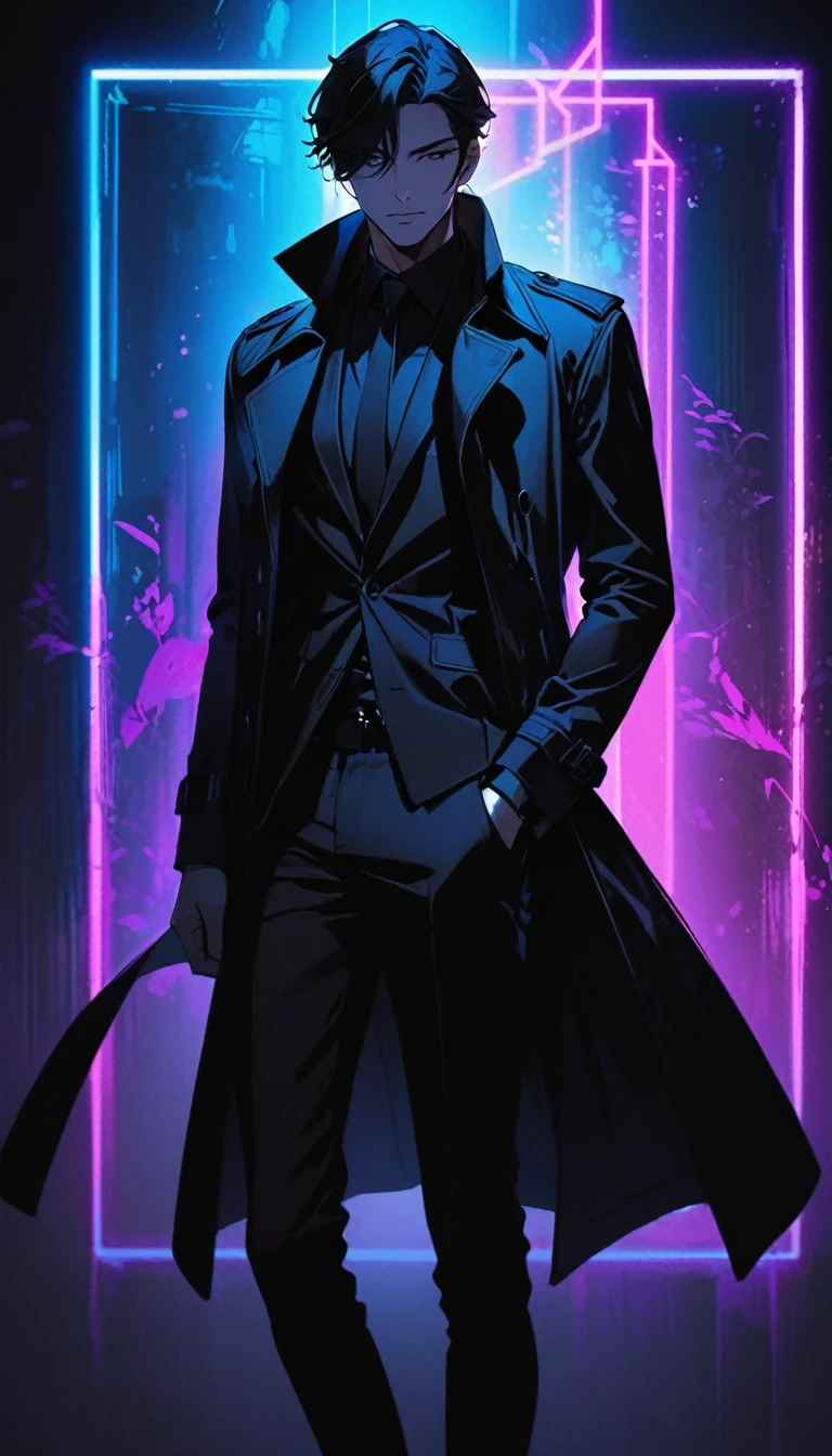 Attractive silhouette of a man wearing a black trench coat, A sexy pose that seduces viewers, perfect silhouette, bold and attractive, BREAK perfect silhouette, Clear outlines of blinking neon lights, Subtle and soft neon lighting, realistic black light, The background is completely black.,