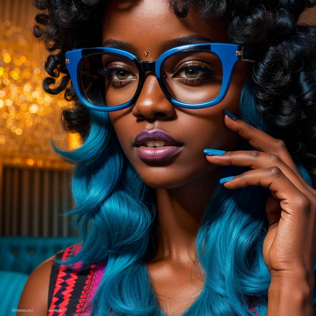 Beautiful black woman with afro hair for advertisement of stylish blue-framed glasses, swirly vibrant colors, hyper realistic art in 4k, hyper realistic hair