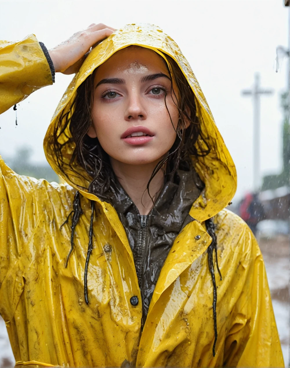 a young woman wearing a bright yellow shiny raincoat, ((((mud-stained and dirty raincoat)))), muddy clothes, beautiful detailed eyes, beautiful detailed lips, extremely detailed face, long eyelashes, outdoor rainy scene, puddles on the ground, intricate texture, photorealistic, 8k, high quality, masterpiece, professional, vivid colors, dramatic lighting