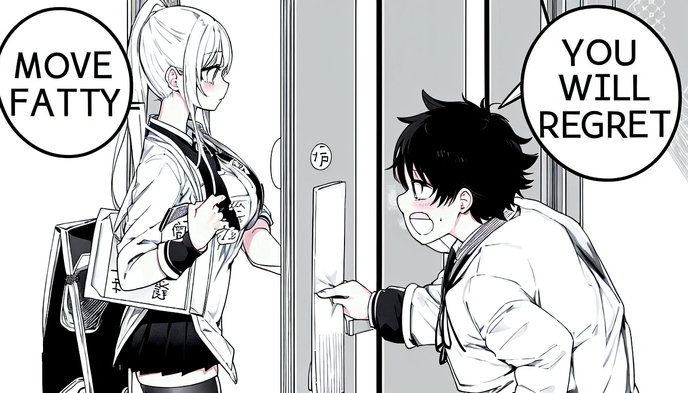 anime girl and boy with signs saying move fatty you will regret, black and white manga panel, black and white manga page, black and white manga style, black and white manga, black and white manga comic, isekai manga panel, award winning manga style, manga panel, manga panels, detailed manga style, from cryptid academia, manga page,