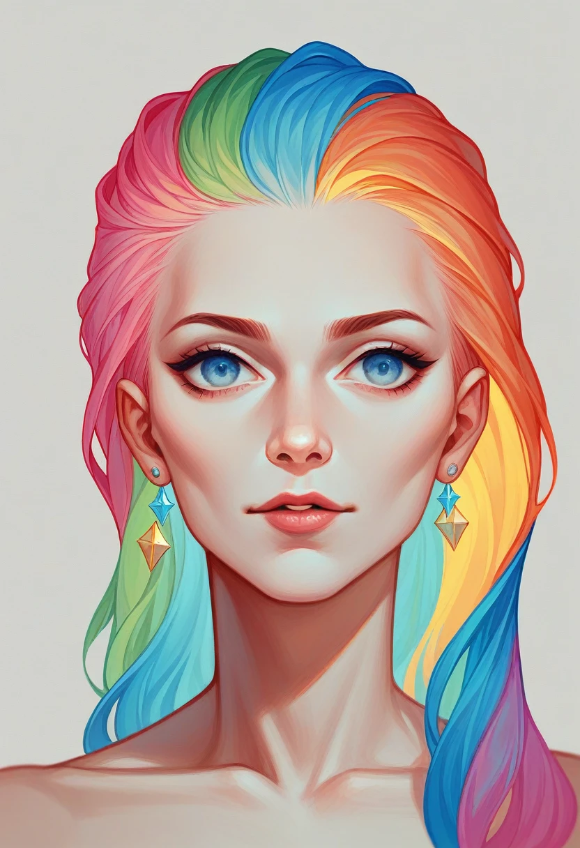 A masterful conceptual art piece that captivates the eye with its stunning liquid rainbow background. The seamless blend of colors creates an elegant and sophisticated atmosphere, reflecting a dazzling illumination that accentuates the vibrant hues. The scene is a harmonious fusion of various art forms, including a painting, a portrait photograph, an illustration, a 3D render, and typography. These elements come together to create a visually striking portrait of a colorful, dynamic world, infused with a touch of modern flair., vibrant, typography, photo, conceptual art, illustration, 3d render, painting, portrait photography