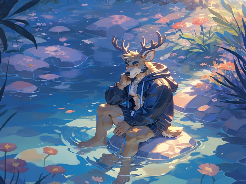 (masterpiece:1.2), best quality,pixiv,official art,perfect anatomy, (Ray tracing, light),solo, (1_male:1.3) , (muscle), (white fur:1.4), (muscle deer), (beard:1.2), (gleaming golden eyes), Thick black eyebrows, (open hoodie:1.2),(naked inside:1.2), swimming brief, (barefoot:1.2), portrait, sitting alone, sea , beach , flower , plant , beach