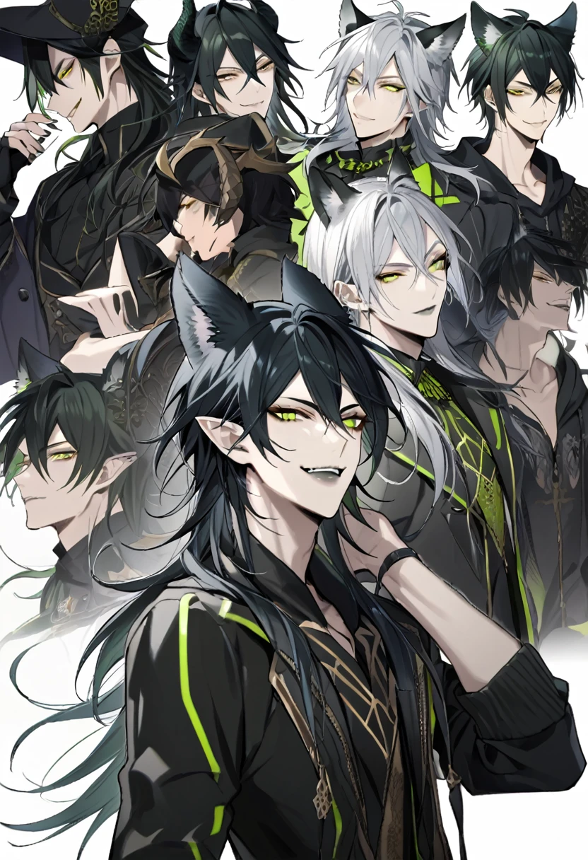 malleus draconia (twisted wonderland) horns, bishounen, boy, male, yana Toboso style, long hair, black hair, yellow green eyes, smile, gray lips, handsome, skinny, tall, yellow green, Beautiful youth, Silver Hair, Yellow Eyes, Long Hair, Long, narrow eyes, Black hoodie with wolf ears, White Background, Dog Pose, Raise your shoulders, Flying black heart,high quality, Draw Amount, Pixiv illustration