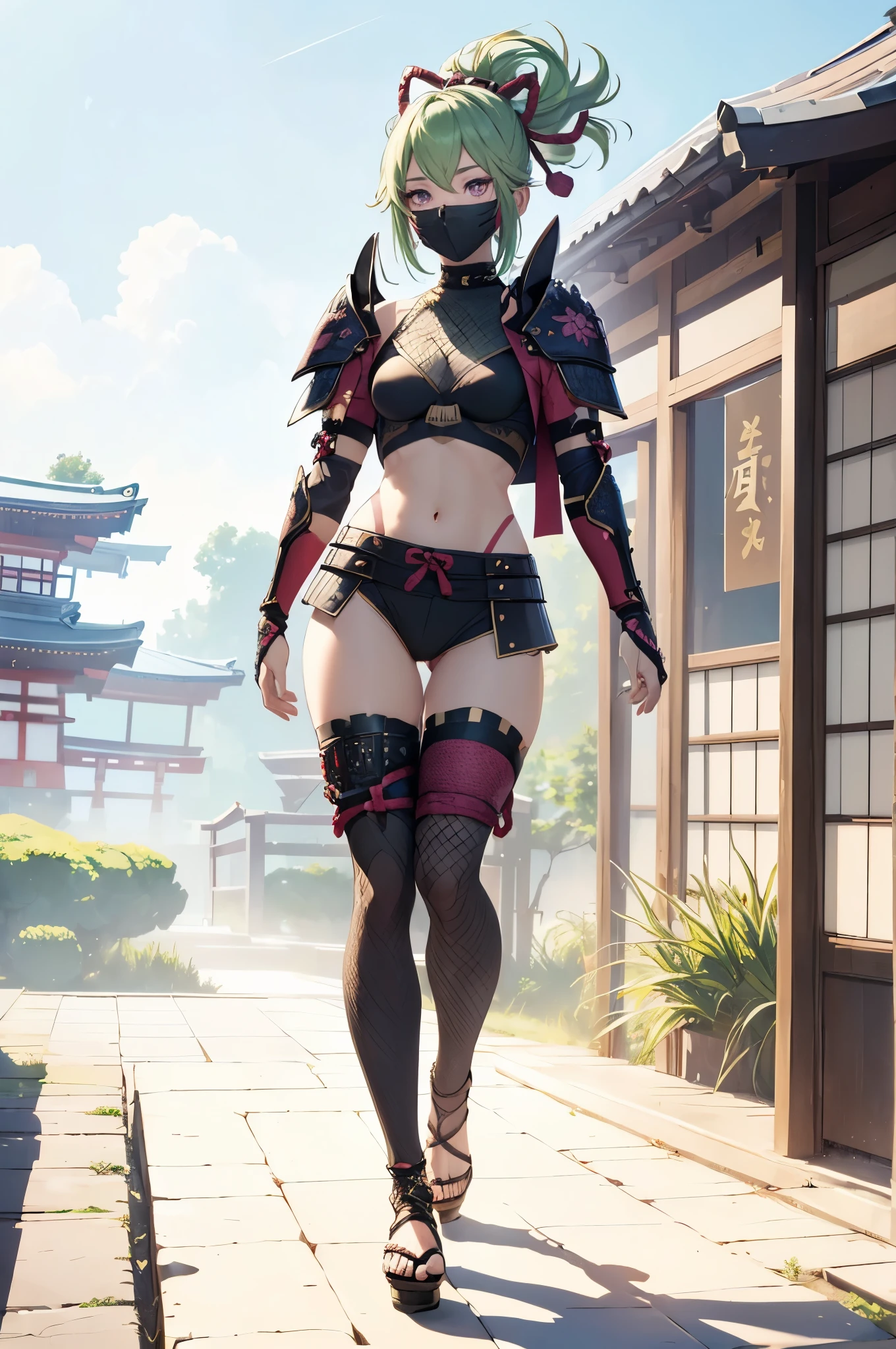 ((1girl, solo)), beautiful body, (perfect anatomy, perfect body, perfect hands, perfect legs), natural proportions, sexy body, large breasts, (full body, full-body shot, full body front:1.5), ((cowboy shot)), (((legs apart))) BREAK
((extremely detailed face)), (beautiful detailed eyes:1.6), (realistic pupils, realistic iris:1), expressive eyes, looking at viewer, (clear eyes:1.3), (hyperrealistic:1.2), (detailed skin texture:1.2), smooth skin, kuki shinobu, purple eyes, green hair, ((mouth mask)), perfect face, perfect eyes BREAK
ninja, (fishnet top:1.5), (crop top:1.5), cleavage, (cropped jacket:1.5), (shoulder armor:1.5), (arm guard:1.5), partially fingerless gloves, midriff, short shorts, black shorts, ((black thighhighs)), (((greaves))), sandals, (revealing clothes:1.5), (japanese armor:1.5), (samurai armor), (highleg panty straps:1.3), tassel BREAK
outdoor, day, japanese building, east asian architecture BREAK
(masterpiece:1.5), anime-style, top quality, best quality, (beautiful and aesthetic:1.2), (ultra detail:1.5), Ultra-detailed depiction, Ultra-precise depiction, extremely detailed 8k illustration, high resolution, (highly detailed shading:1.2), (realistic lighting:1.4), perfect lighting, vibrant colors, dynamic tones, striking hues, 8k, absurd resolution, perfect shadows, hdr, UHD, ambient lighting, realistic, ultra-realistic, photo realistic, highly detailed, rich detail, luminous colors, fine texture, intricate design, professional illustration, (soft light:1.2), (illustration:0.7)