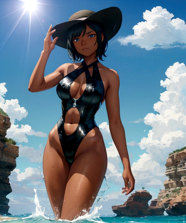 Black swimsuit dark skinned,dark skinned female,short hair,white hair,blue eyes,muscular,tomboyish,sun hat,sunny,lens flare,sumner attire,GtsGiga,Rampage,beach,best quailty,masterpiece,Looming,giantess art,mature lady,standing in the water,boats,waves