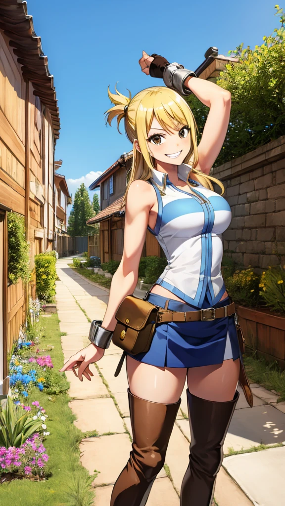 (masterpiece, best quality:1.2), solo, 1girl, lucy heartfilia, grin, looking at viewer, arms behind back, blue sleeveless shirt, miniskirt, belt pouch, thigh boots, brown boots