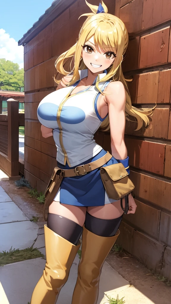 (masterpiece, best quality:1.2), solo, 1girl, lucy heartfilia, grin, looking at viewer, arms behind back, blue sleeveless shirt, miniskirt, belt pouch, thigh boots, brown boots