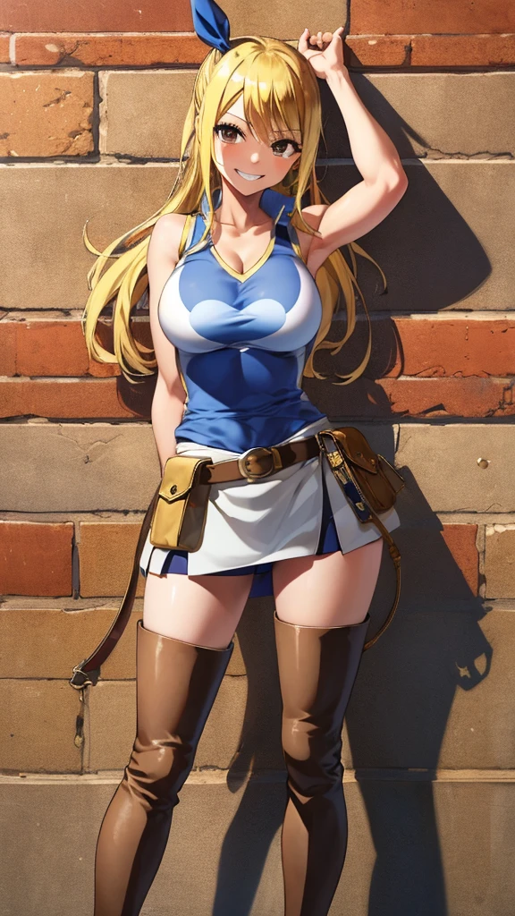 (masterpiece, best quality:1.2), solo, 1girl, lucy heartfilia, grin, looking at viewer, arms behind back, blue sleeveless shirt, miniskirt, belt pouch, thigh boots, brown boots