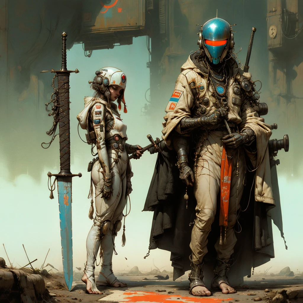 perfect proportions, anatomically correct, (From head to toe: 2.0), (full body image: 2.0), One, (Cassern: 1.6), extremely stylized, deviant art, masterpiece, very detailed, detailed eyes, expressive detailed eyes, detailed students, futuristic, ((1950s sci-fi helmet)), ((Pointed Helm)), Rubber sheen, (flight suit:1.4), Big boots, full body image, full body shot, nvInkPunk, professional photography by Alexandra_skarsgard, Tassels, Large beads, (большие Tassels), Cyberpunk, InkPunk, plate with paint, ink, (action pose:1.0), ((holding a sword))