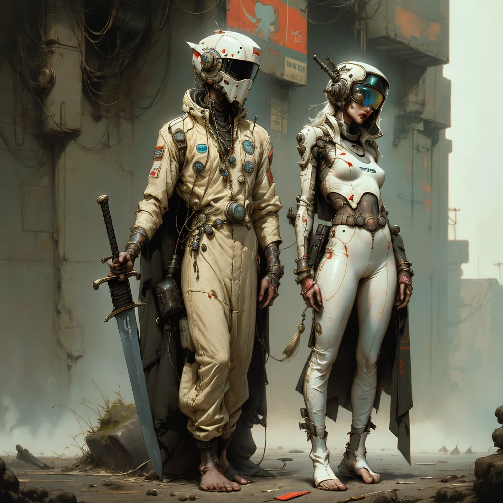 perfect proportions, anatomically correct, (From head to toe: 2.0), (full body image: 2.0), One, (Cassern: 1.6), extremely stylized, deviant art, masterpiece, very detailed, detailed eyes, expressive detailed eyes, detailed students, futuristic, ((1950s sci-fi helmet)), ((Pointed Helm)), Rubber sheen, (flight suit:1.4), Big boots, full body image, full body shot, nvInkPunk, professional photography by Alexandra_skarsgard, Tassels, Large beads, (большие Tassels), Cyberpunk, InkPunk, plate with paint, ink, (action pose:1.0), ((holding a sword))
