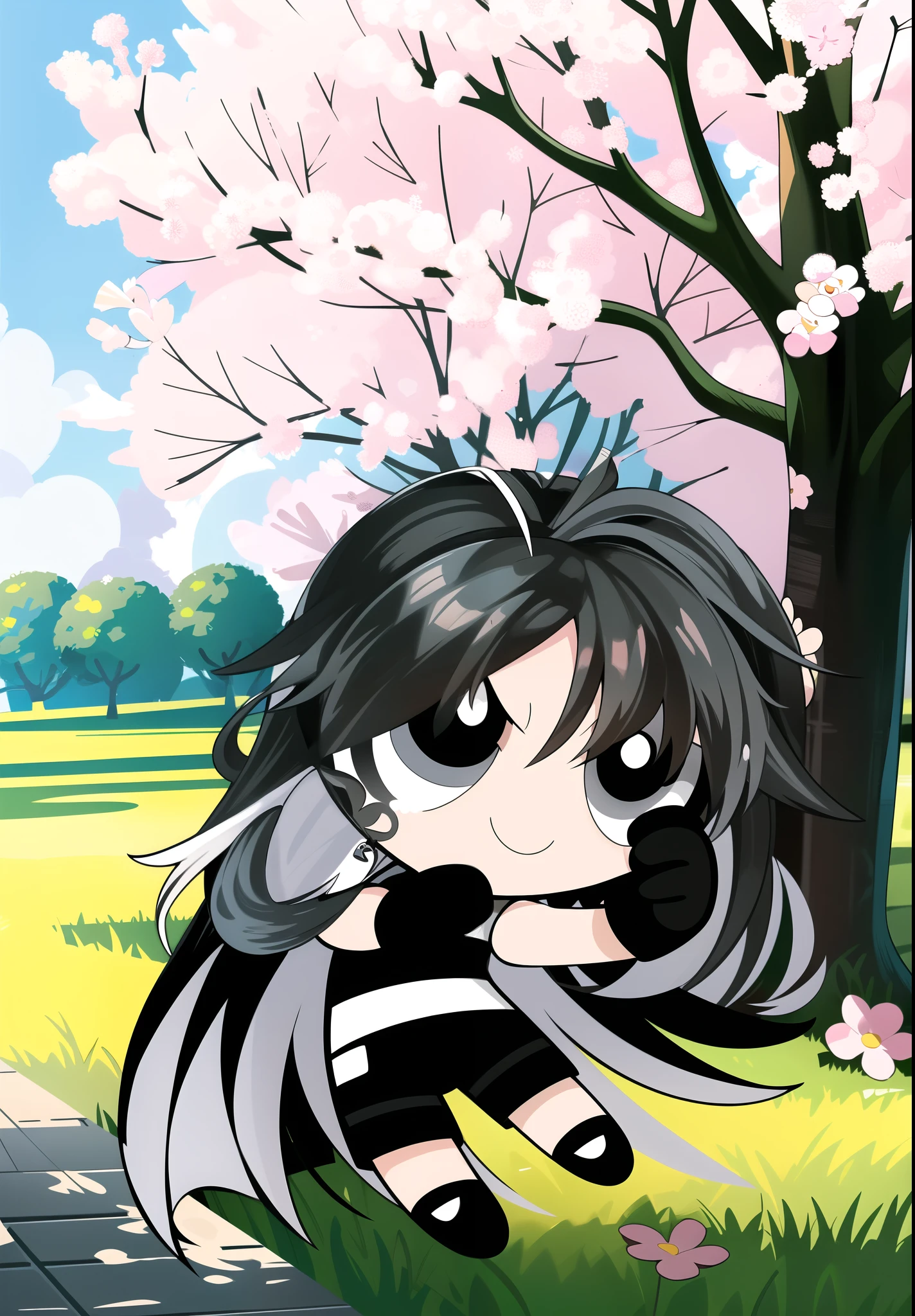 (long hair, gradient hair, black white hair), smile, chibi, 1girl, black eyes, gloves, jewelry, shorts, black shorts, asymmetrical gloves, big blossom tree background,