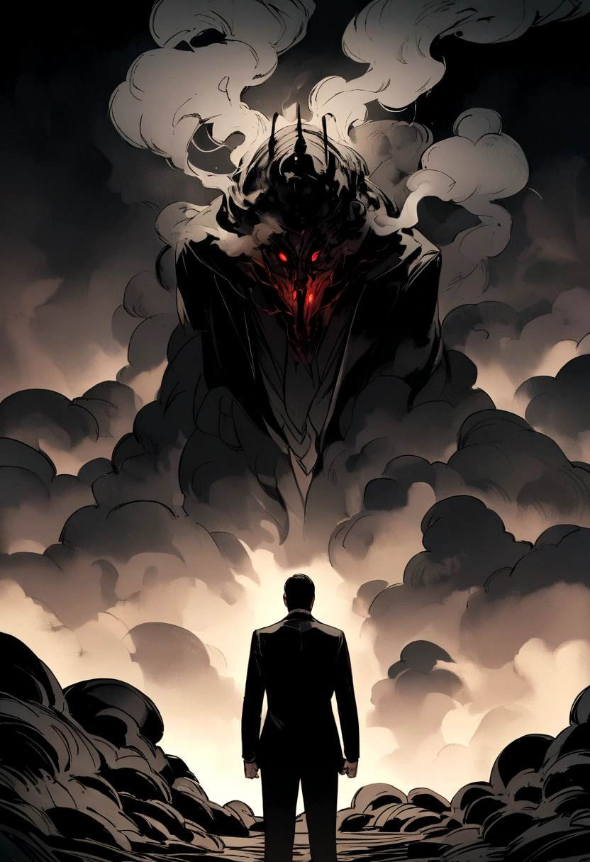 Picture a man in a suit standing in dark, terrifying smoke