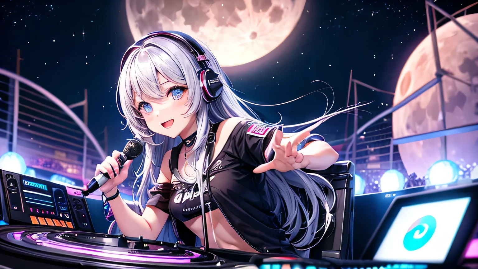 Beauty DJ,headphone,Distant shots,Godley,Blue Hair,Delicate fingers,Five Fingers,Delicate facial features,wearing gorgeous costume,Colorful light show,Perfect Moon,Outdoor festival venue,Perfect night view,Perfect buildings,The perfect DJ machine,From the audience's perspective,4K,masterpiece,high quality,
