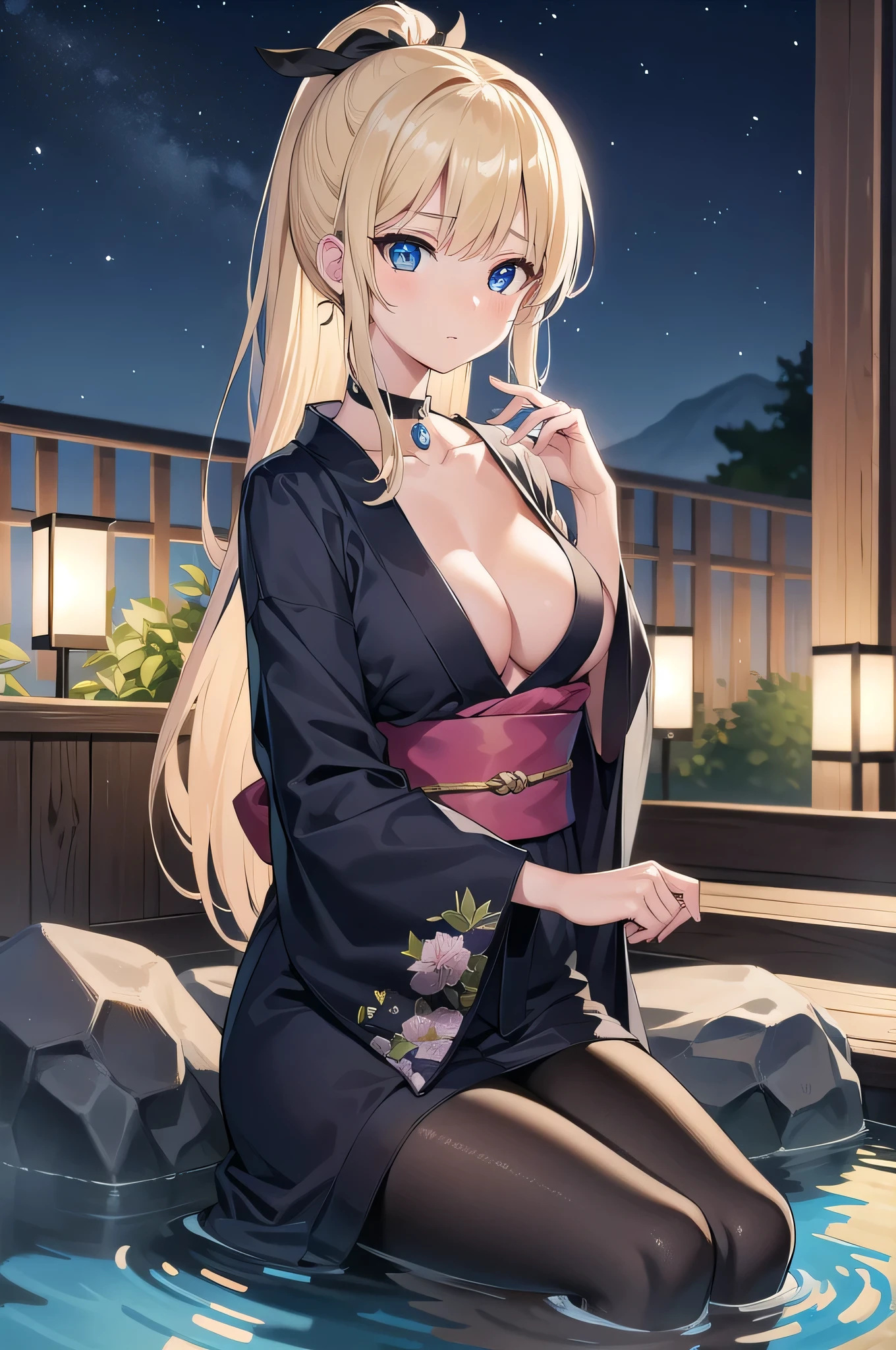 beatrixamerhauser, beatrix amerhauser, long hair, blue eyes, blonde hair,ponytail, (medium breast:1.2),
BREAK japanese clothes, kimono, yukata,cleavege,neckline,black choker,
BREAK looking at viewer,
BREAK outdoors, onsen,night,steam,wet,stars,starfall,hot water,
BREAK (masterpiece:1.2), best quality, high resolution, unity 8k wallpaper, (illustration:0.8), (beautiful detailed eyes:1.6), extremely detailed face, perfect lighting, extremely detailed CG, (perfect hands, perfect anatomy),from above,