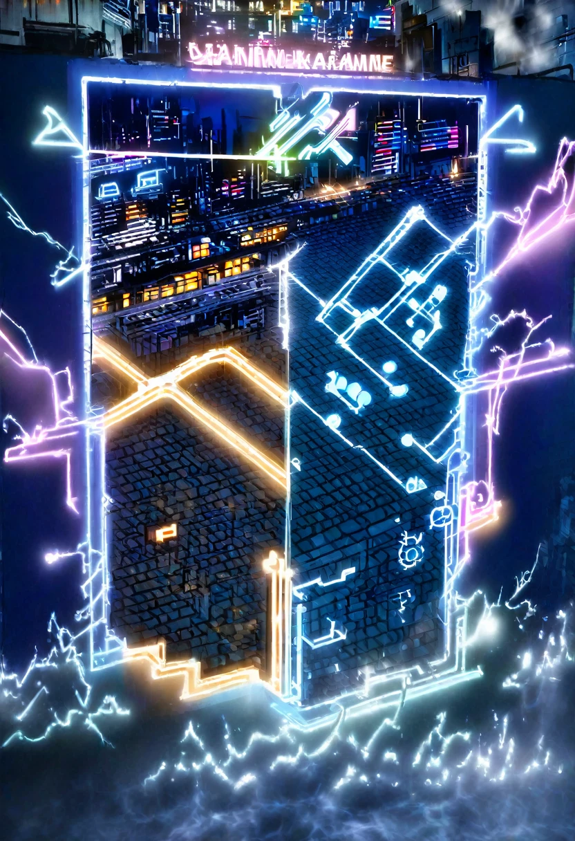 A representation of a game minimap, minimap with icons, extremely detailed, demo skins, portrait of , extremely detailed, futuristic cityscape, nighttime, glowing neon lights, smoke, sparks, metal shavings, flying debris, blue energy effects, volumetric light