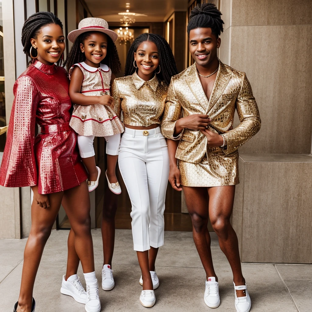 Brownskin stud and female holding there daughter smiling wearing matching gucci outfits, looking rich