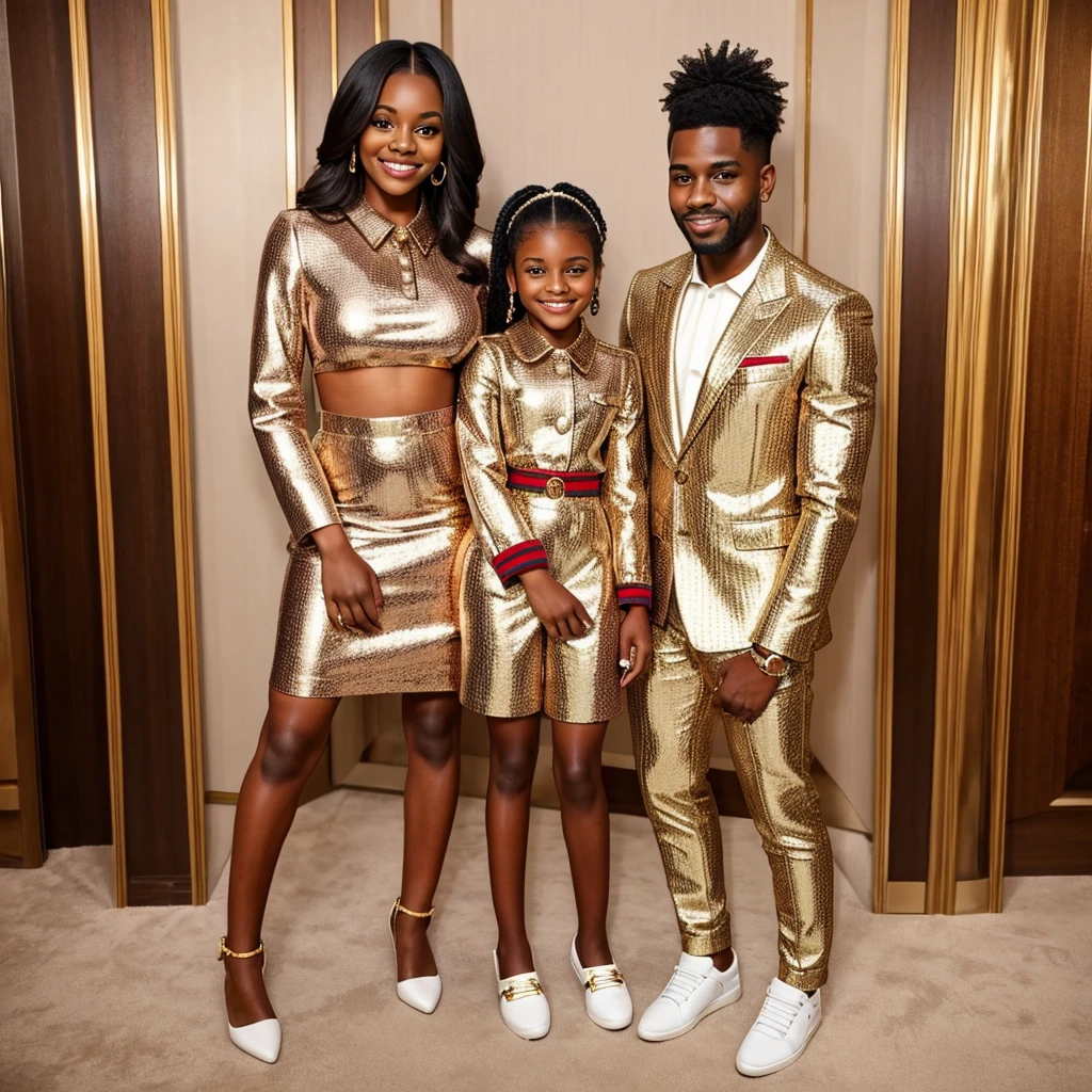 Brownskin stud and female holding there daughter smiling wearing matching gucci outfits, looking rich