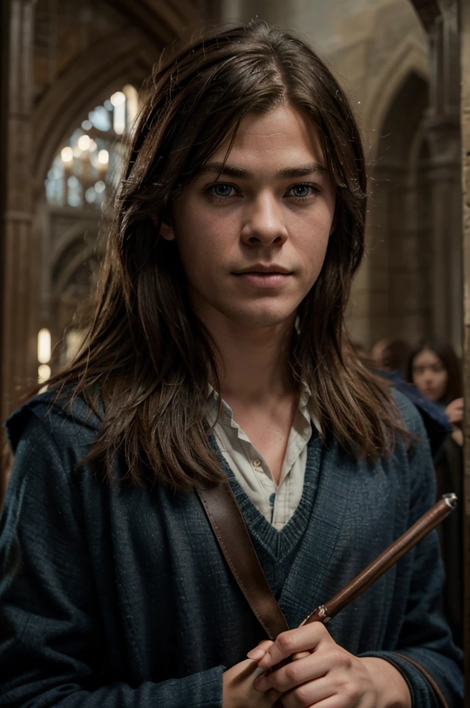 a handsome 16 year old boy with Hogwarts , Chris Hemsworth as a Hogwarts student, beautiful detailed eyes, beautiful detailed lips, extremely detailed face, long eyelashes, photo-realistic, 8k, high quality, masterpiece, dramatic lighting, cinematic, fantasy, magic, Wizarding World, rendilo molto somigliante a chris Hemsworth
