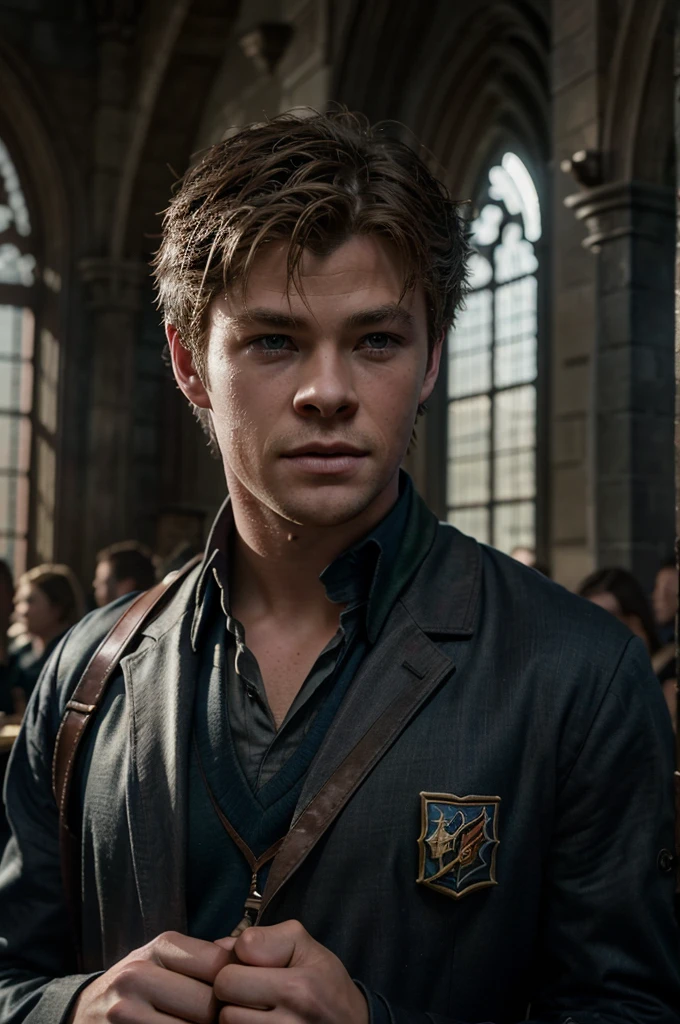 a handsome 16 year old boy with Hogwarts , Chris Hemsworth as a Hogwarts student, beautiful detailed eyes, beautiful detailed lips, extremely detailed face, long eyelashes, photo-realistic, 8k, high quality, masterpiece, dramatic lighting, cinematic, fantasy, magic, Wizarding World, rendilo molto somigliante a chris Hemsworth
