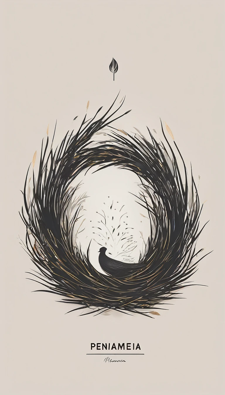 A minimal, modern, simple, cinematic logo design for the brand “Penamemoria". Create a modern, minimalistic, high-quality, logo of a boy inside a nest made of feathers. The logo must be a symbol for dreams, stories, memories, music and imagination.
