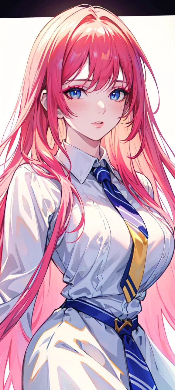 a young woman with short pink-yellow hair, detailed blue makeup, wearing a white shirt and pink necktie, simple background, (best quality,4k,8k,highres,masterpiece:1.2),ultra-detailed,(realistic,photorealistic,photo-realistic:1.37),portrait,elegant,high fashion,dramatic lighting,vibrant colors