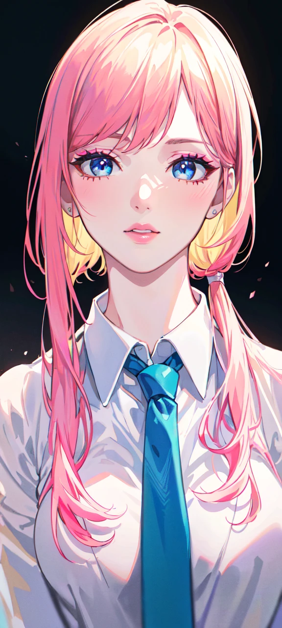 a young woman with short pink-yellow hair, detailed blue makeup, wearing a white shirt and pink necktie, simple background, (best quality,4k,8k,highres,masterpiece:1.2),ultra-detailed,(realistic,photorealistic,photo-realistic:1.37),portrait,elegant,high fashion,dramatic lighting,vibrant colors