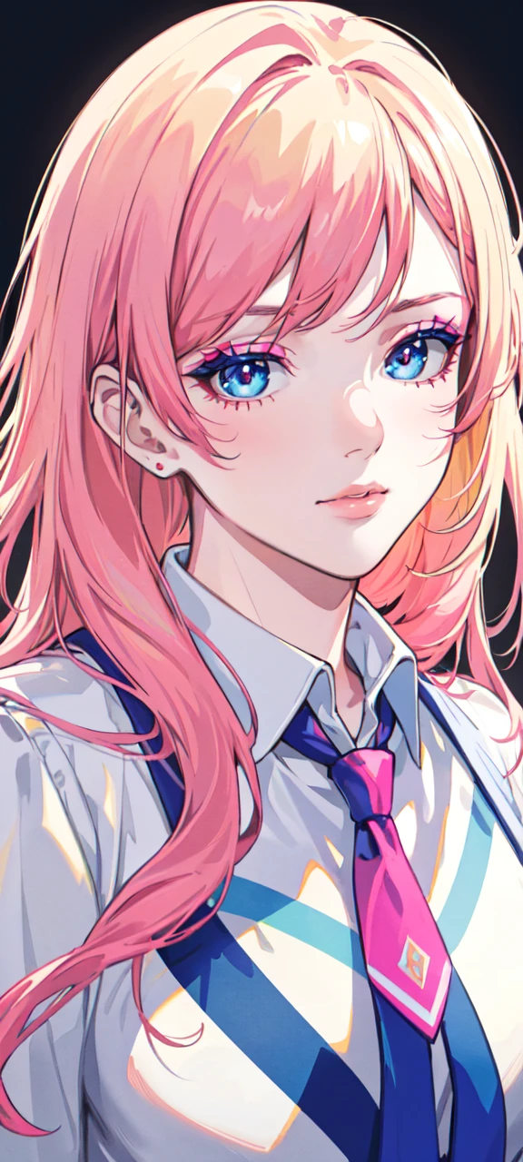 a young woman with short pink-yellow hair, detailed blue makeup, wearing a white shirt and pink necktie, simple background, (best quality,4k,8k,highres,masterpiece:1.2),ultra-detailed,(realistic,photorealistic,photo-realistic:1.37),portrait,elegant,high fashion,dramatic lighting,vibrant colors