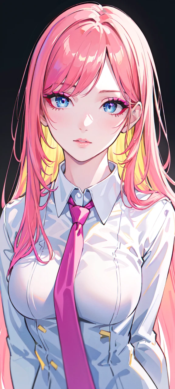 a young woman with short pink-yellow hair, detailed blue makeup, wearing a white shirt and pink necktie, simple background, (best quality,4k,8k,highres,masterpiece:1.2),ultra-detailed,(realistic,photorealistic,photo-realistic:1.37),portrait,elegant,high fashion,dramatic lighting,vibrant colors