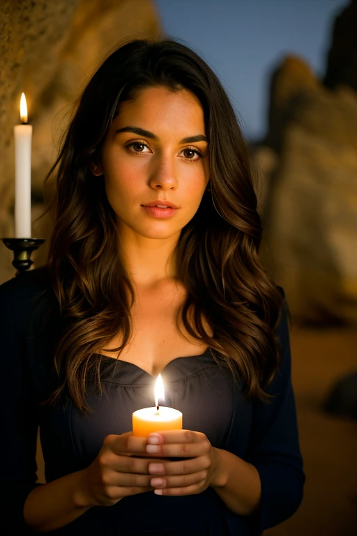 photograph of a woman, (serious facial expression),  brunette skin, long curly dark brown hair, vestimentas: Black Suit,  and mysterious with unique rock formations and hidden wonders, perfects eyes, (candle light,Bright dark), Support 160 colors, Shot on ARRI ALEXA 65, bokeh, sharp focus on the subject, filmed by Don McCullin