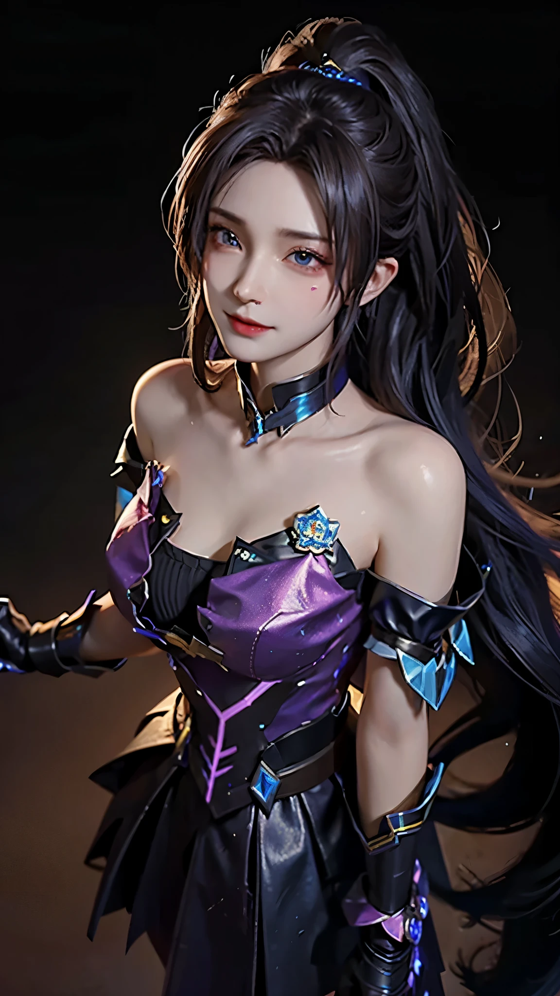4k ultra high definition、best quality, masterpiece, Ultra-high resolution, (Reality: 1.4), 1 girl, Purple Eyes, Off-the-shoulder sweater dress, Light、purple and black hair、((Dark Makeup、Oily skin,有Light泽的皮肤、Realistic skin texture、Delicate and beautiful skin、容Light焕发的皮肤)), Dark city center at night、Kabukicho、Dark cyberpunk、(panoramic:1.8)(masterpiece, best quality, Extremely detailed, The best shadow), (Detailed background,Dark Fantasy), (Beautiful and delicate face), High contrast, (Optimal Lighting, Extremely refined), ((Light)), rich and colorful, Extremely detailed, 戏剧性的Light, Intricate details, (1 girl, solitary,Black Hair, Pointed face,Low double ponytail,Red Eyes, Hair between the eyes,Dynamic Angle), Blood splatter, Black Light swirling around the character, Depth of Field,Black Light particles,(shattered glass) Ultra-clear, Detailed description, Detailed legs, Oily skin, texture, best quality, 最好的Light线, Detail face, clavicle, 腿very long, very long, Long hair random color, Eye color random, Light污染, 8K, 3d, Hair accessories with bows, Big goals, Smile, Express, action, sailor, Handcrafted, 8K HD, Star Guardian, Oily skin, Best Angle, Ultra-high-definition picture quality, role play, Unreal Engine, 最佳Light泽, best quality, masterpiece, Highest image quality,