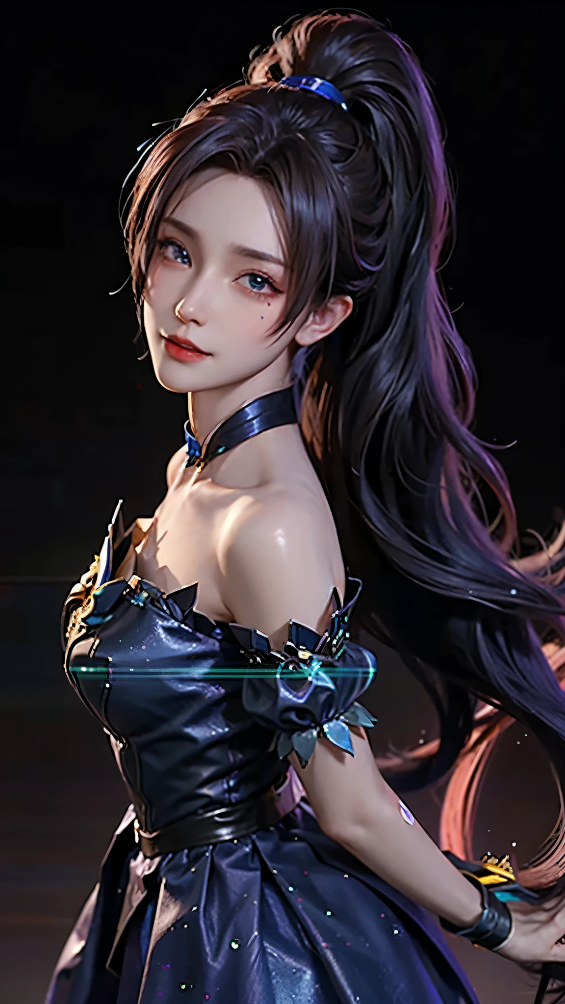 4k ultra high definition、best quality, masterpiece, Ultra-high resolution, (Reality: 1.4), 1 girl, Purple Eyes, Off-the-shoulder sweater dress, Light、purple and black hair、((Dark Makeup、Oily skin,有Light泽的皮肤、Realistic skin texture、Delicate and beautiful skin、容Light焕发的皮肤)), Dark city center at night、Kabukicho、Dark cyberpunk、(panoramic:1.8)(masterpiece, best quality, Extremely detailed, The best shadow), (Detailed background,Dark Fantasy), (Beautiful and delicate face), High contrast, (Optimal Lighting, Extremely refined), ((Light)), rich and colorful, Extremely detailed, 戏剧性的Light, Intricate details, (1 girl, solitary,Black Hair, Pointed face,Low double ponytail,Red Eyes, Hair between the eyes,Dynamic Angle), Blood splatter, Black Light swirling around the character, Depth of Field,Black Light particles,(shattered glass) Ultra-clear, Detailed description, Detailed legs, Oily skin, texture, best quality, 最好的Light线,  Detail face, clavicle, 腿very long, very long, Long hair random color, Eye color random, Light污染, 8K, 3d, Hair accessories with bows, Big goals, Smile, Express, action, sailor, Handcrafted, 8K HD, Star Guardian, Oily skin, Best Angle, Ultra-high-definition picture quality, role play, Unreal Engine, 最佳Light泽, best quality, masterpiece, Highest image quality, 