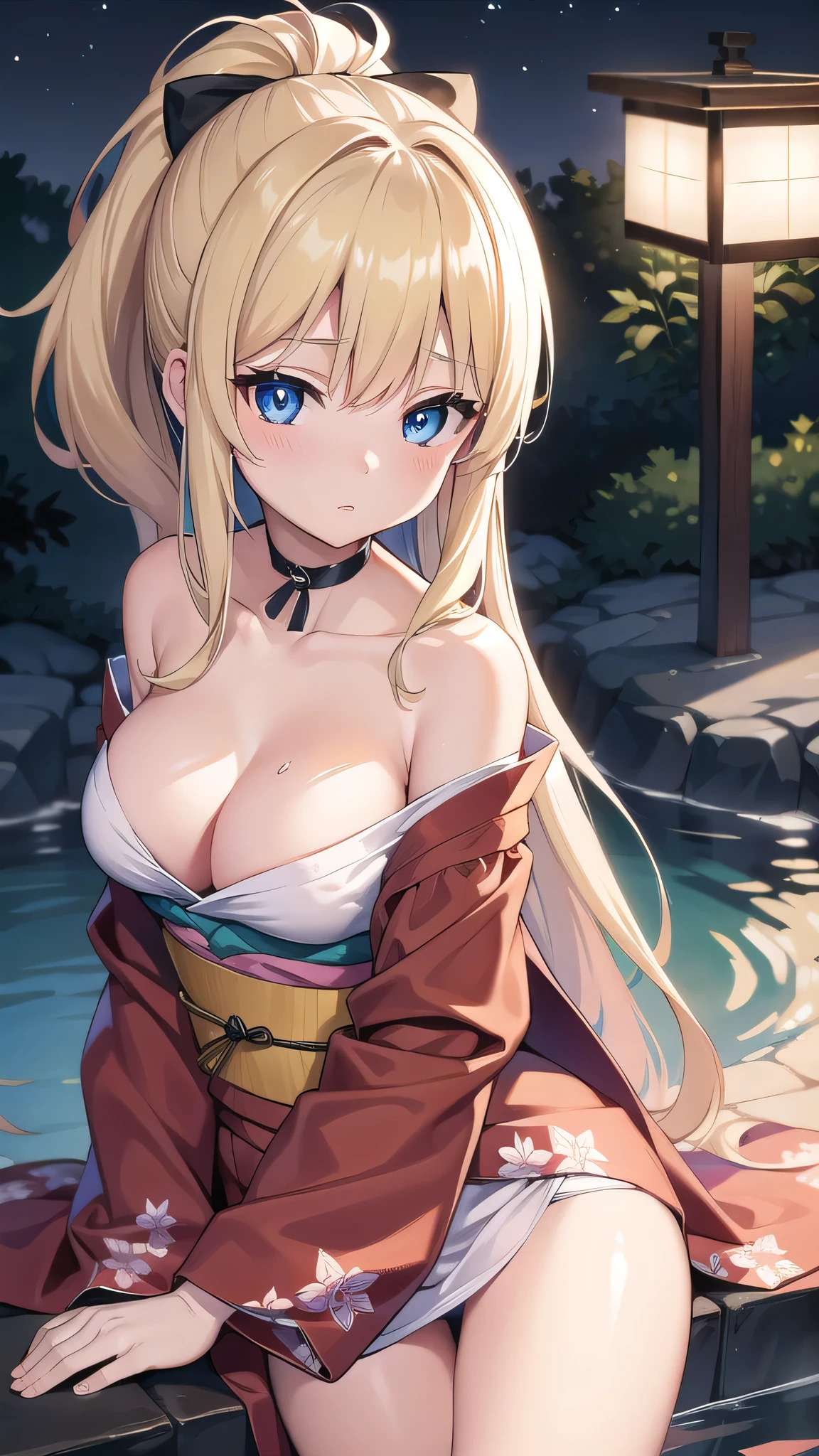 beatrixamerhauser, beatrix amerhauser, long hair, blue eyes, blonde hair,ponytail, (medium breast:1.2),
BREAK japanese clothes,transparent kimono, yukata,cleavege,neckline,black choker,
BREAK looking at viewer,
BREAK outdoors, onsen,night,steam,wet,stars,starfall,hot water,
BREAK (masterpiece:1.2), best quality, high resolution, unity 8k wallpaper, (illustration:0.8), (beautiful detailed eyes:1.6), extremely detailed face, perfect lighting, extremely detailed CG, (perfect hands, perfect anatomy),from above,