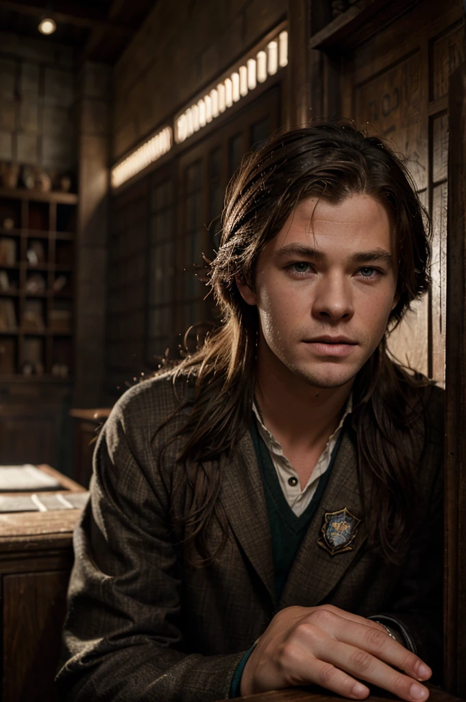 a handsome 16 year old boy with Hogwarts , Chris Hemsworth as a Hogwarts student, beautiful detailed eyes, beautiful detailed lips, extremely detailed face, long eyelashes, photo-realistic, 8k, high quality, masterpiece, dramatic lighting, cinematic, fantasy, magic, Wizarding World, rendilo molto somigliante a chris Hemsworth, con la tunica di grifondoro
