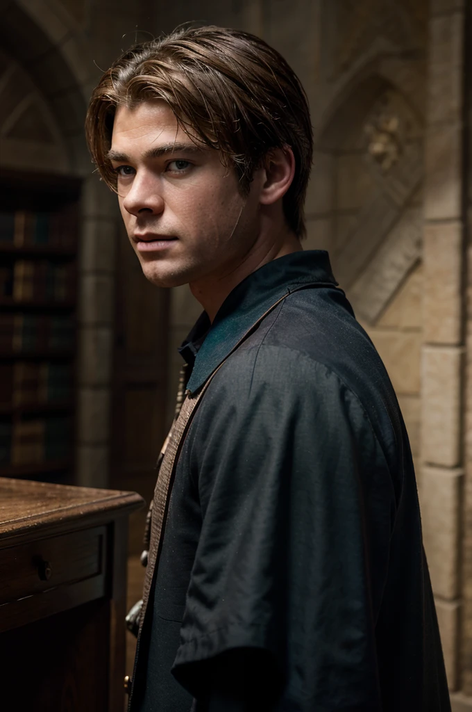 a handsome boy with Hogwarts , Chris Hemsworth as a Hogwarts student, beautiful detailed eyes, beautiful detailed lips, extremely detailed face, long eyelashes, photo-realistic, 8k, high quality, masterpiece, dramatic lighting, cinematic, fantasy, magic, Wizarding World, rendilo molto somigliante a chris Hemsworth, con la tunica di grifondoro