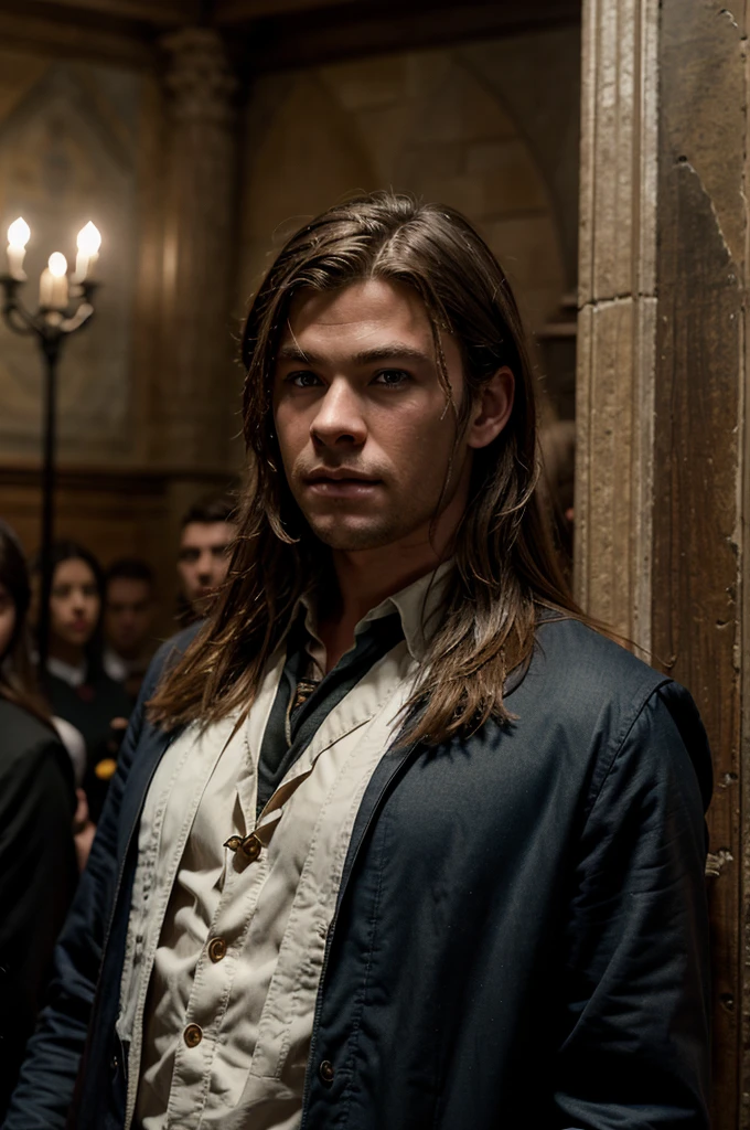 a handsome 16 year old boy with Hogwarts , Chris Hemsworth as a Hogwarts student, beautiful detailed eyes, beautiful detailed lips, extremely detailed face, long eyelashes, photo-realistic, 8k, high quality, masterpiece, dramatic lighting, cinematic, fantasy, magic, Wizarding World, rendilo molto somigliante a chris Hemsworth, con la tunica di grifondoro
