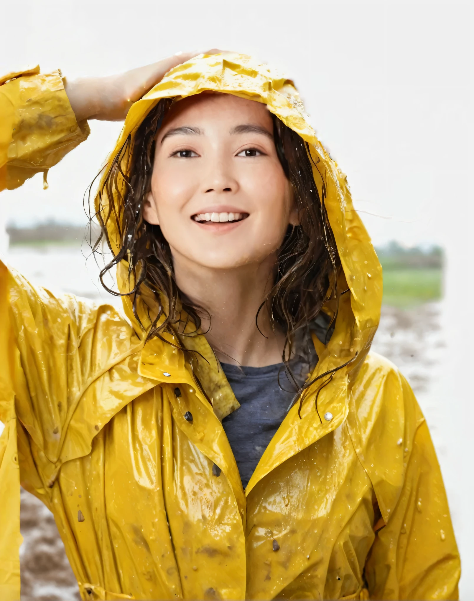 a young woman wearing a bright yellow shiny raincoat, ((((mud-stained and dirty raincoat)))), muddy clothes, beautiful detailed eyes, beautiful detailed lips, extremely detailed face, long eyelashes, outdoor rainy scene, puddles on the ground, intricate texture, photorealistic, 8k, high quality, masterpiece, professional, vivid colors, dramatic lighting